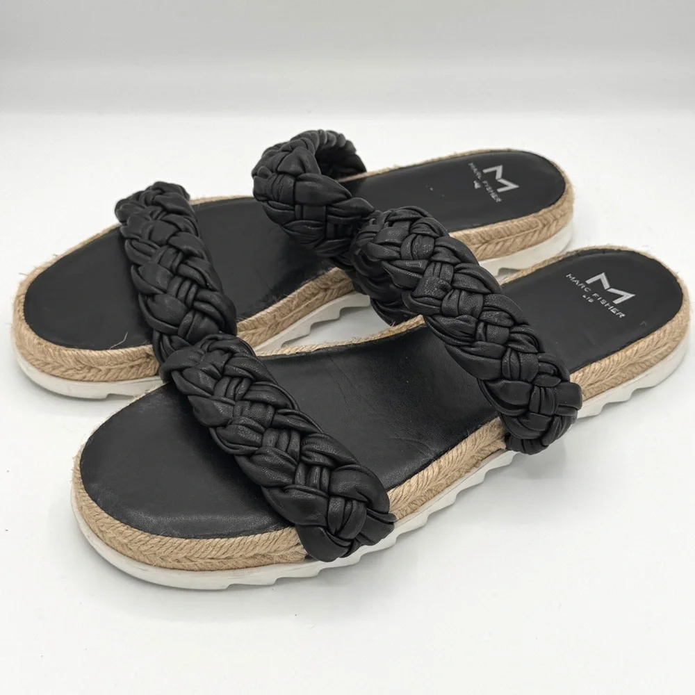MARC FISHER LTD Jaimee Black Leather Braided Straps Espadrille Sandals Size 8.5